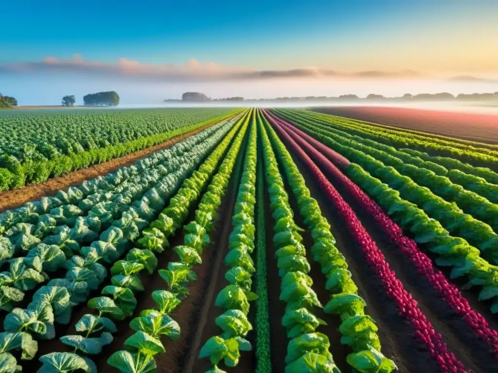 Campo verde con hortalizas coloridas creciendo ordenadamente bajo el sol, reflejando la belleza de la agricultura orgánica