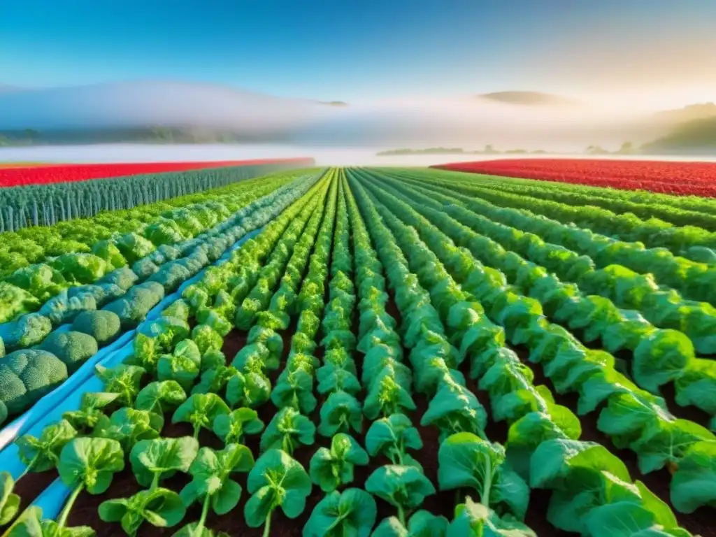 Campo verde con hortalizas coloridas bajo cielo azul, resaltando la belleza de alimentos frescos y la sostenibilidad frente a procesados