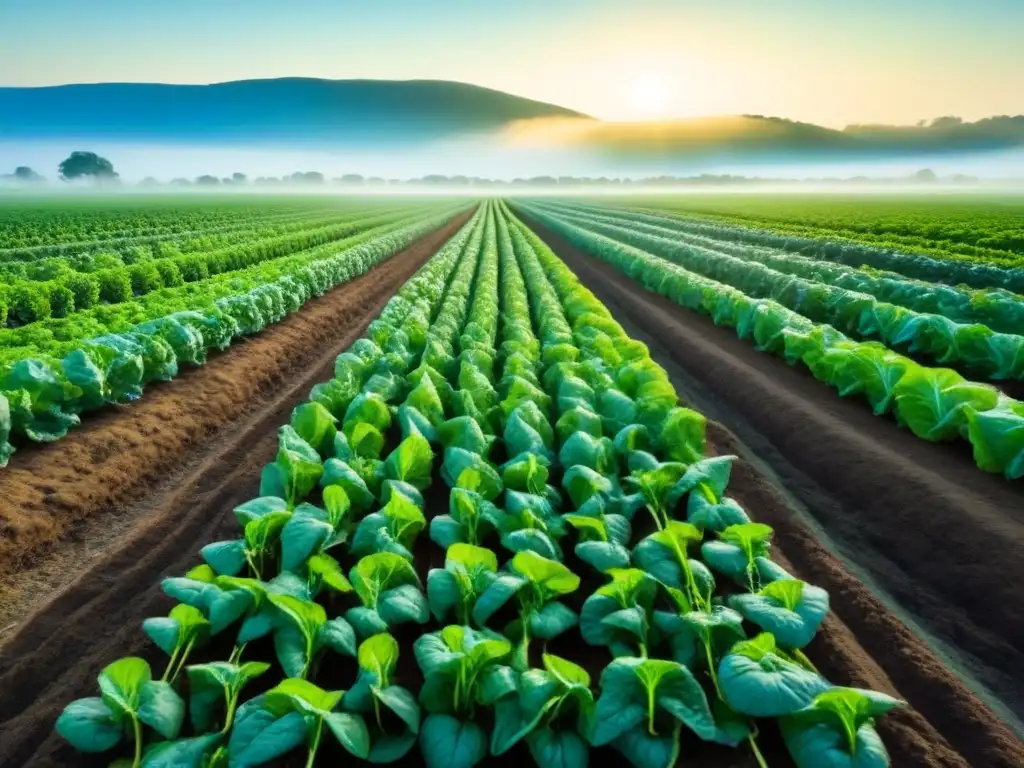 Campo verde con hortalizas orgánicas creciendo bajo cielo azul