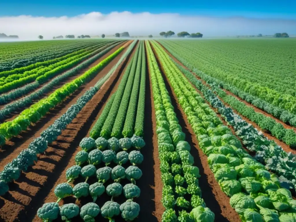 Un campo verde lleno de frutas y verduras coloridas bajo el cielo azul