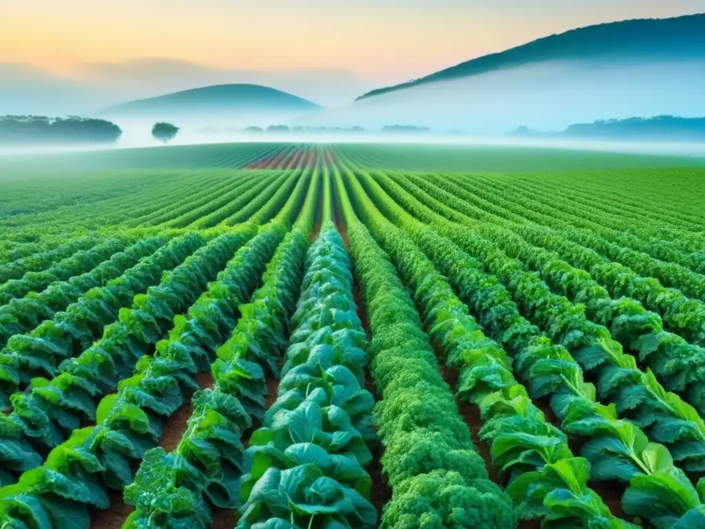 Un campo verde lleno de frutas y verduras orgánicas bajo un cielo azul