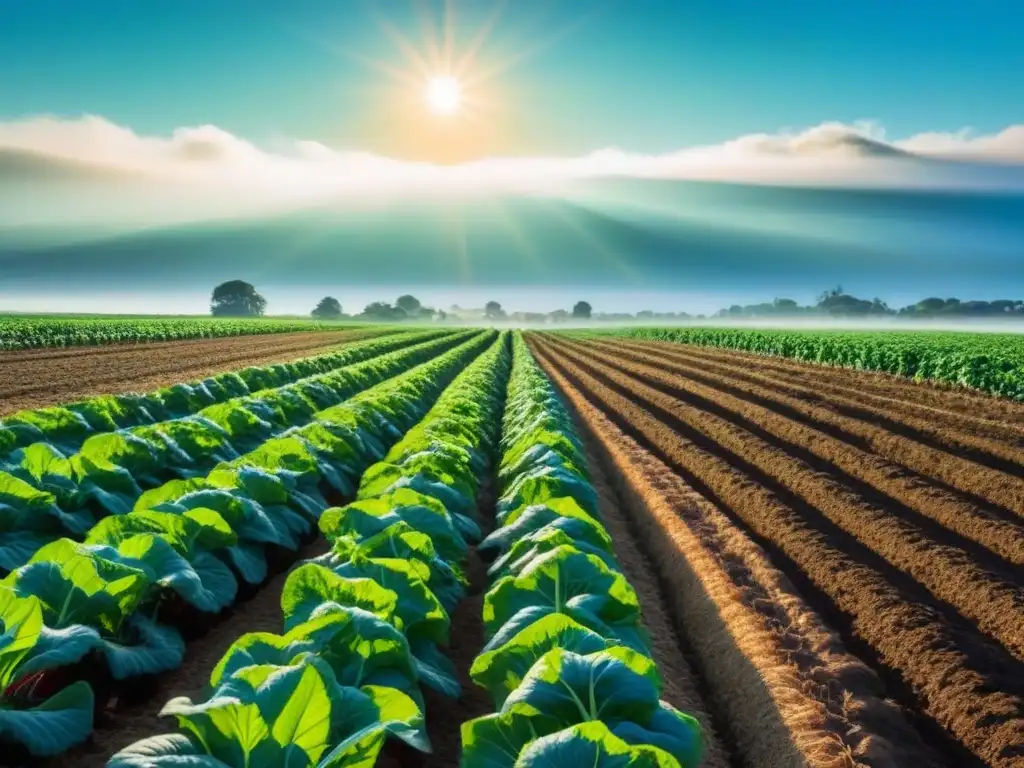 Un campo verde lleno de verduras orgánicas bajo el sol, reflejando la abundancia y frescura de los suplementos dieta estilo de vida sostenible