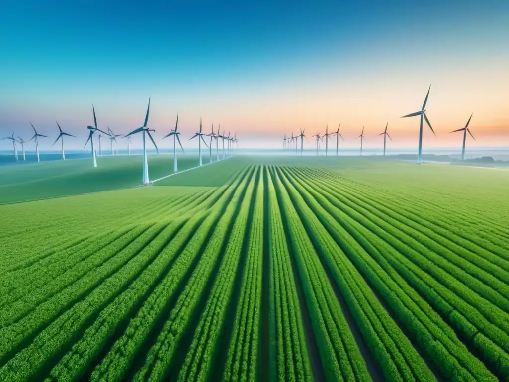 Campo verde con molinos de viento alineados, girando grácilmente bajo cielo azul