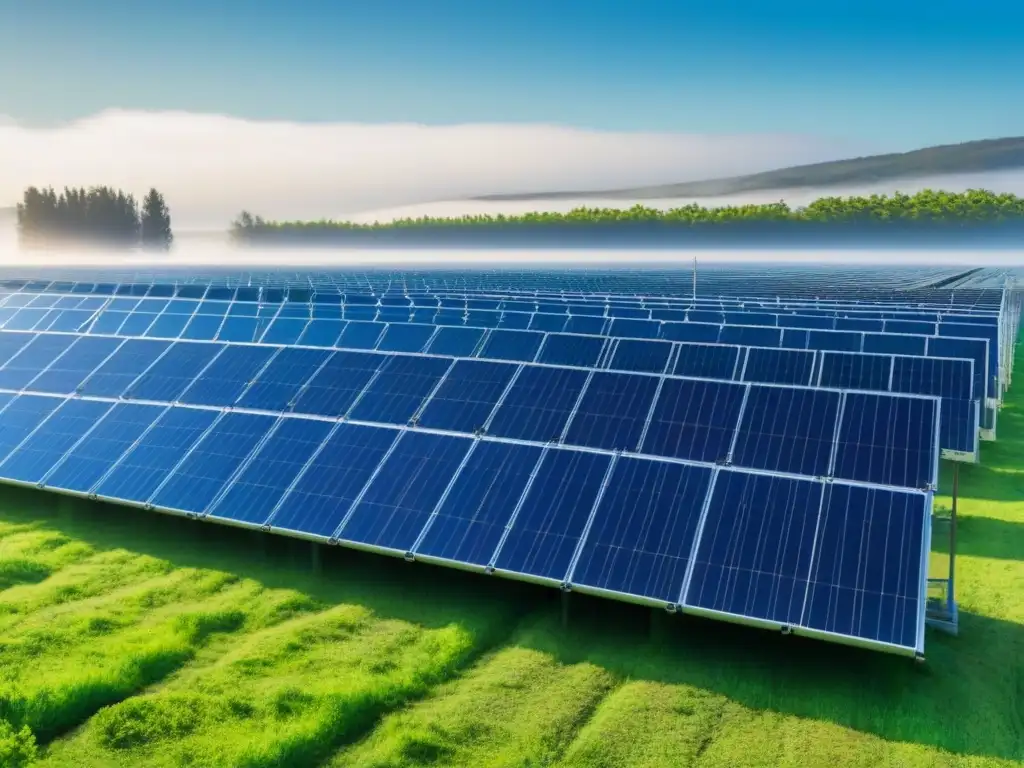 Un campo verde con paneles solares brillantes bajo el cielo azul: Incentivos fiscales energía renovable