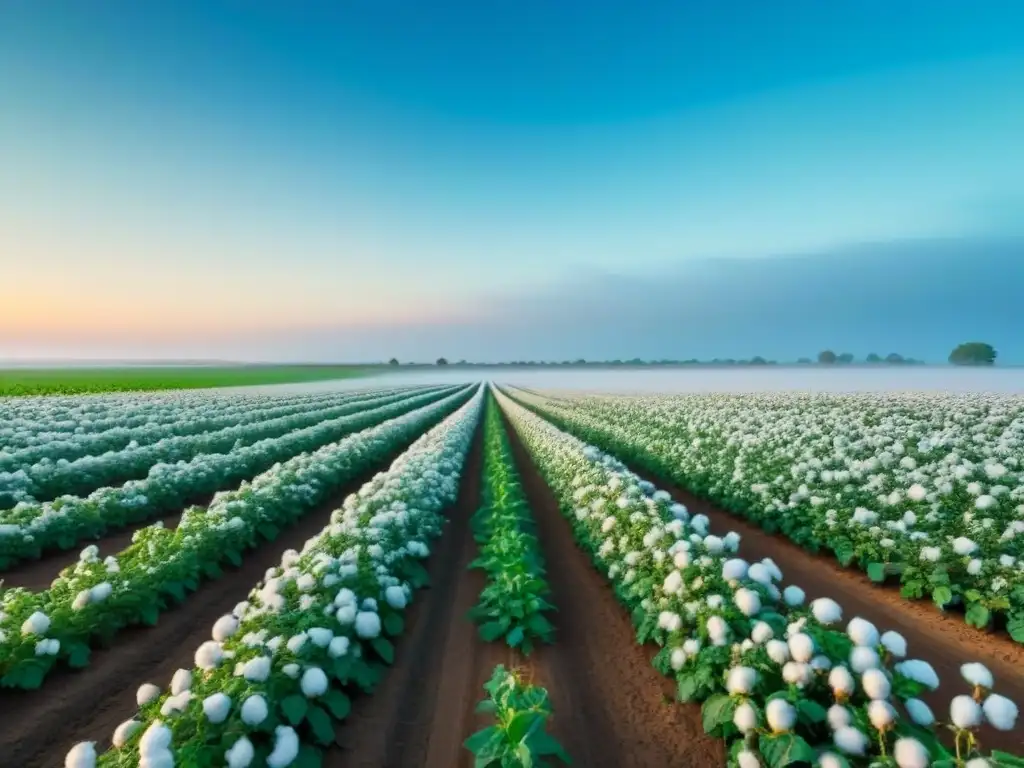 Un campo verde con plantas de algodón florecidas bajo el sol, evocando impacto de materiales orgánicos en la moda