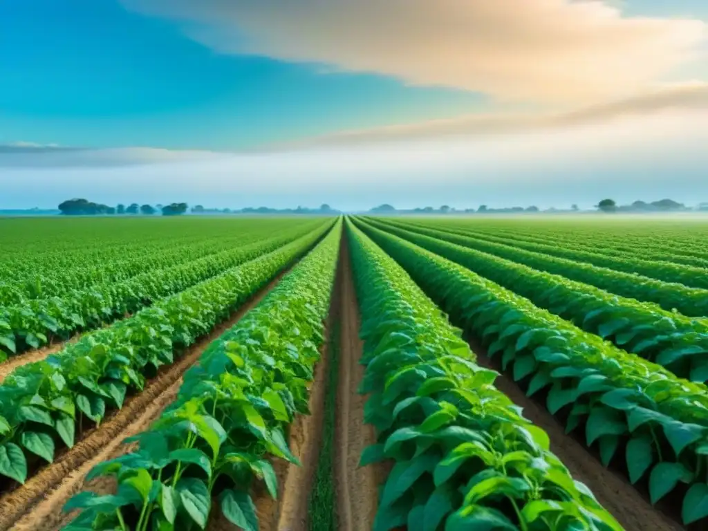 Campo verde con plantas de soja vibrantes bajo cielo azul, eco-friendly