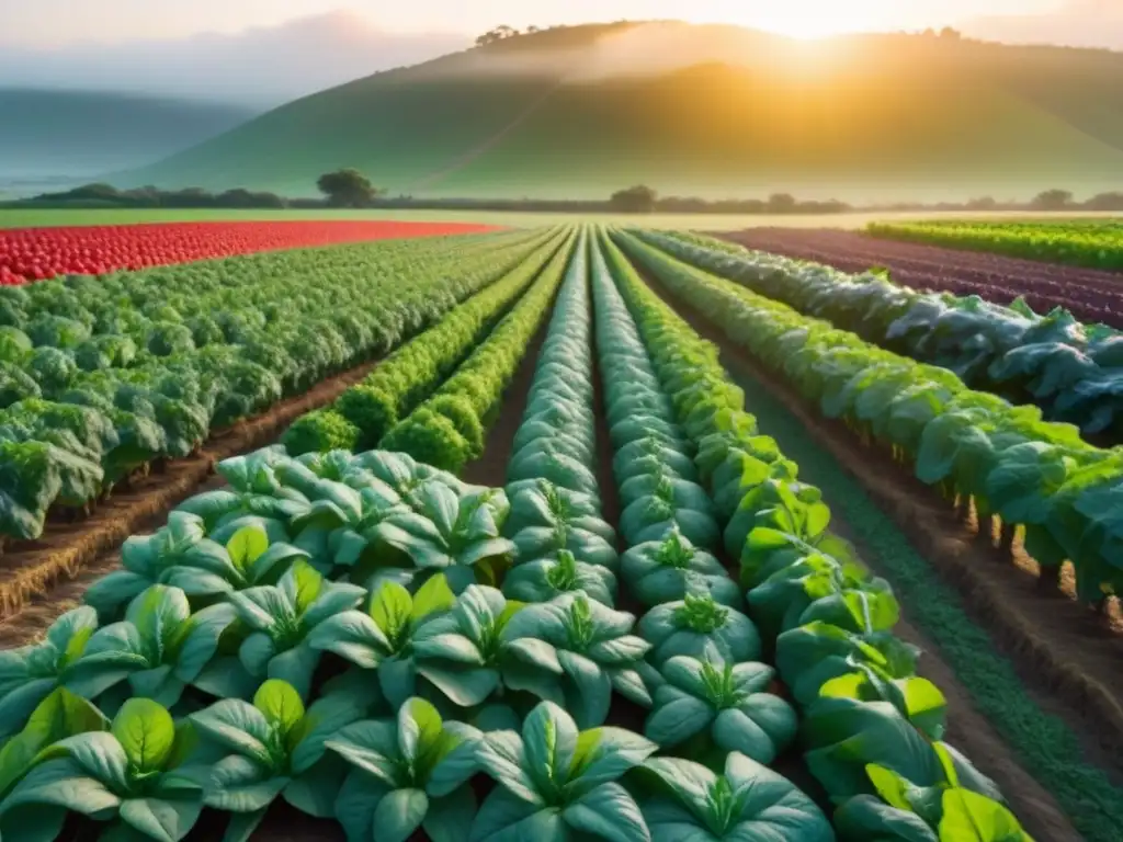 Un campo verde repleto de frutas y verduras locales, resplandeciendo bajo el sol poniente