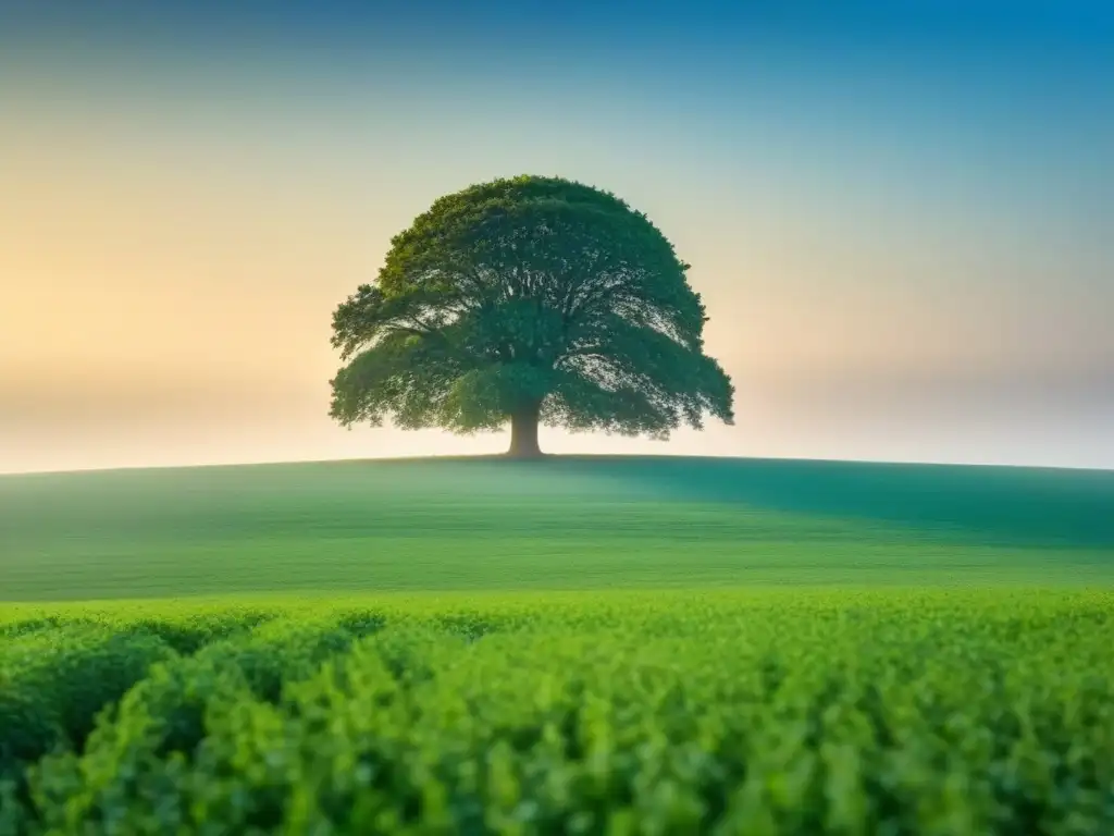 Paisaje sereno: árbol solitario en campo verde Un campo verde sereno con un árbol solitario proyectando una sombra simétrica, bajo un cielo azul claro