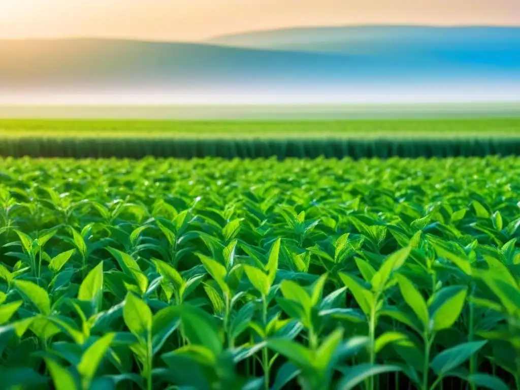 Un campo verde sereno con variedad de proteínas alternativas creciendo bajo cielo azul