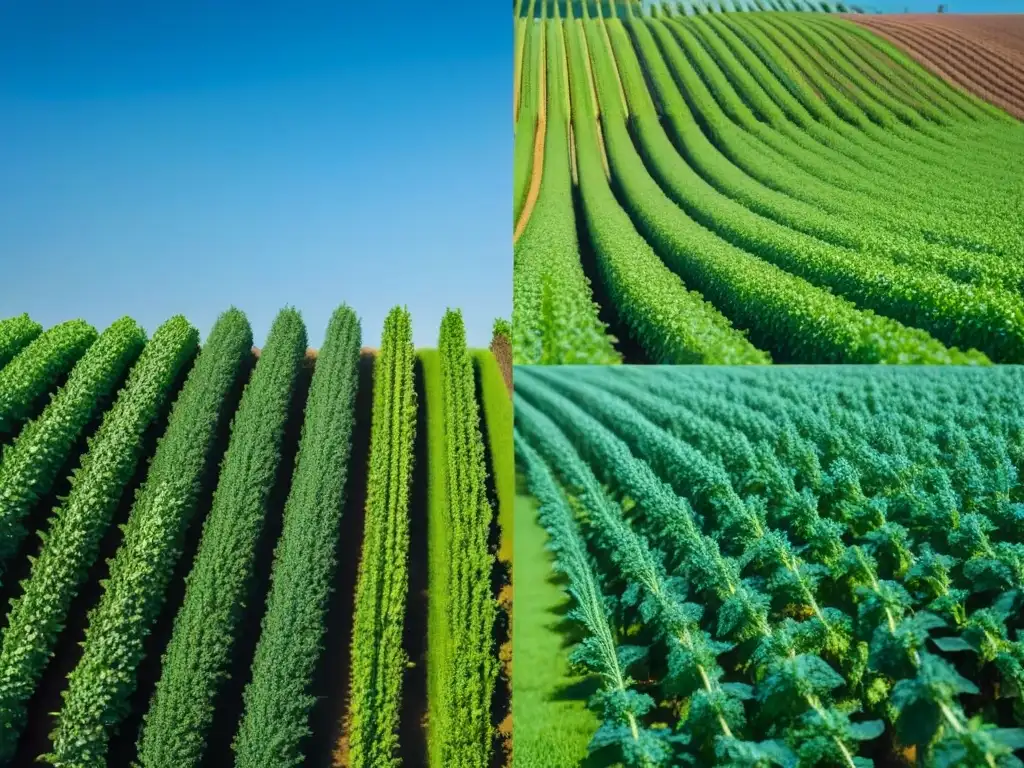 Campo verde con variedad de proteínas vegetales eco-friendly sostenibles creciendo bajo cielo azul