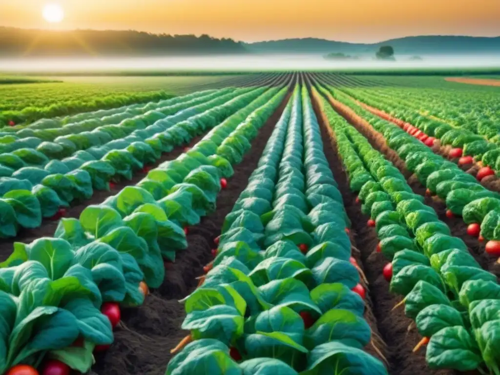 Campo verde con vegetales frescos al atardecer, transmitiendo beneficios de comida kilómetro cero