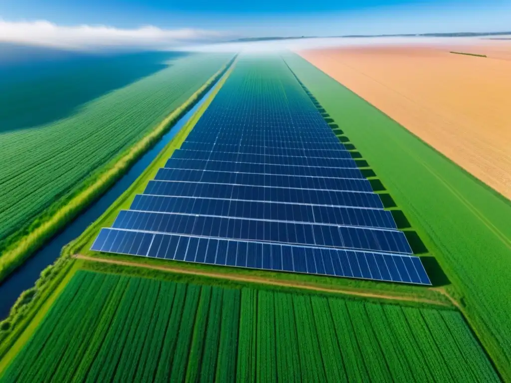 Un campo verde vibrante se extiende bajo un cielo azul, con un panel solar destacando