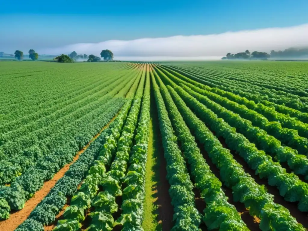 Un campo verde vibrante con frutas y verduras coloridas, bañado por el sol