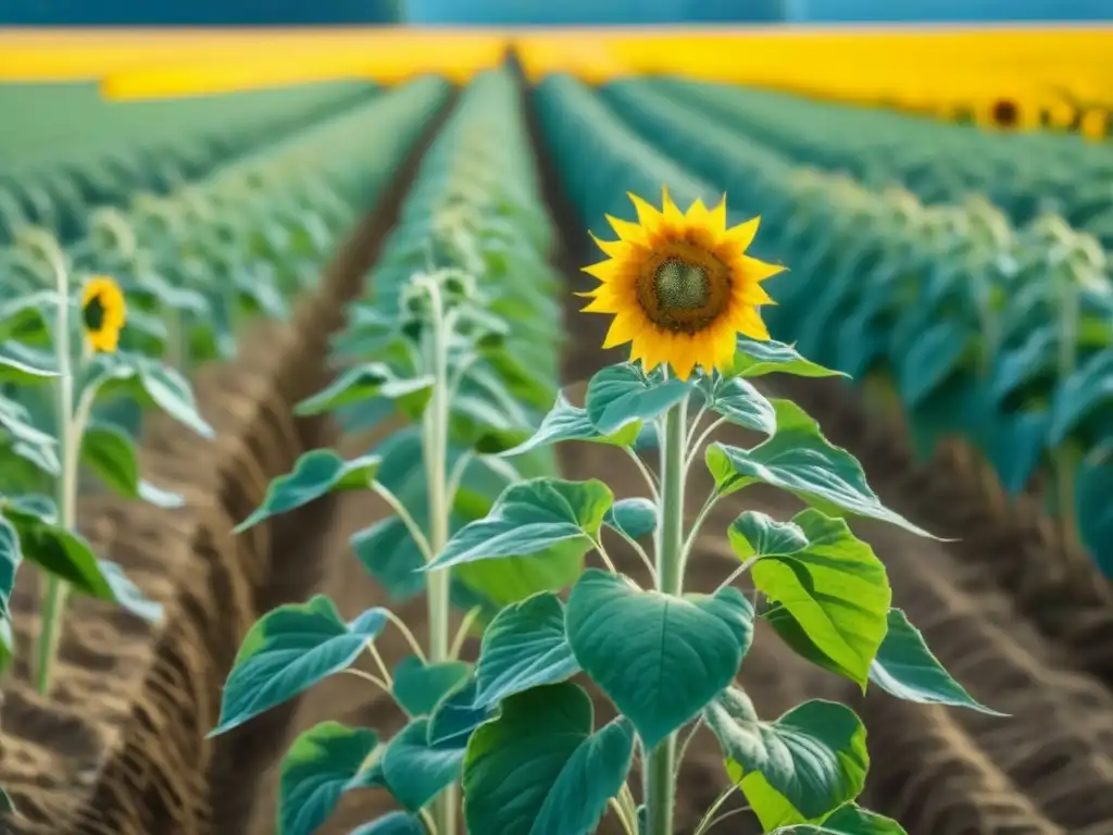 Un campo verde vibrante con un girasol destacado, simbolizando la belleza de alternativas sostenibles a los pesticidas