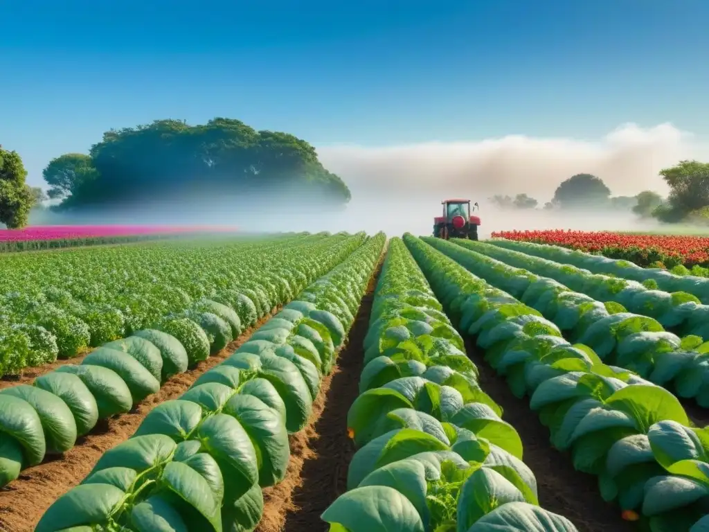 Un campo verde vibrante lleno de frutas y verduras coloridas, cultivadas armoniosamente bajo un cielo azul