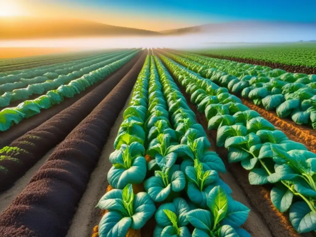 Campo vibrante con hortalizas orgánicas, cielo azul y sol brillante