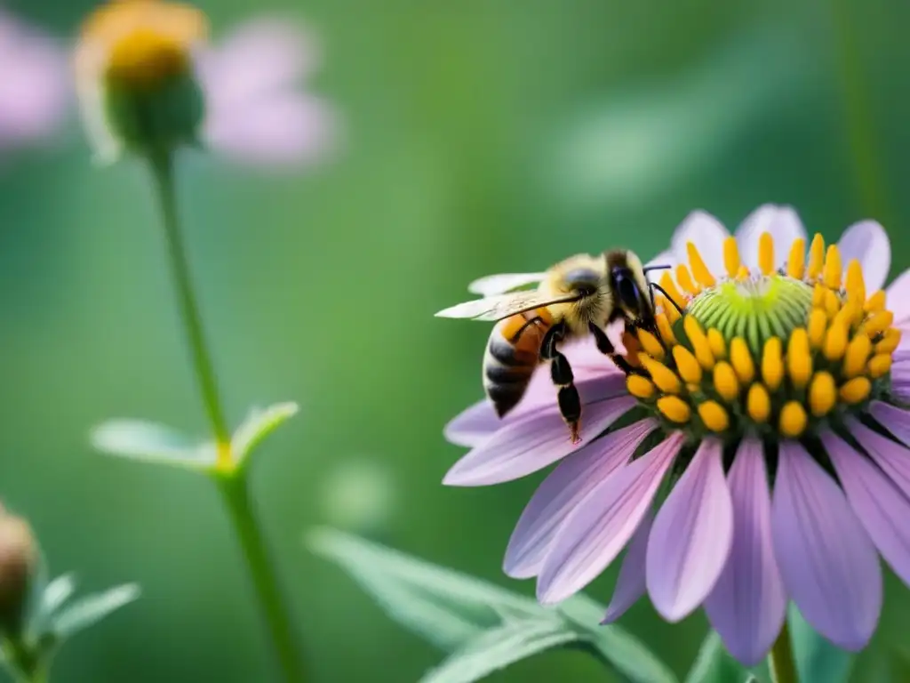 Un campo vibrante de flores silvestres en plena floración, con abejas de diversos tamaños y colores polinizando activamente