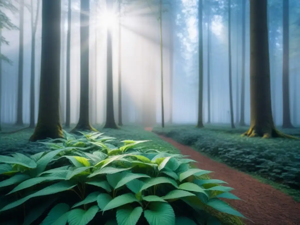 Cantautores ecoconscientes sostenibles inspiran: Bosque verde con luz solar filtrándose entre las hojas, creando un ambiente tranquilo y armonioso