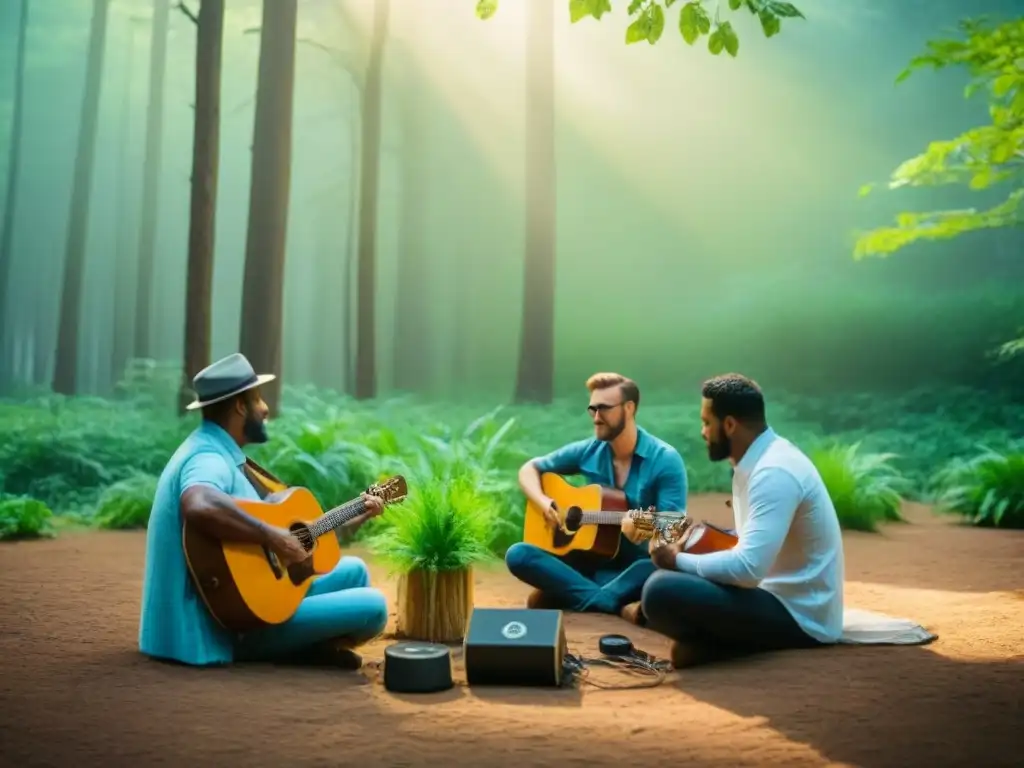 Cantautores ecoconscientes sostenibles inspiran unidos en armonía en el bosque