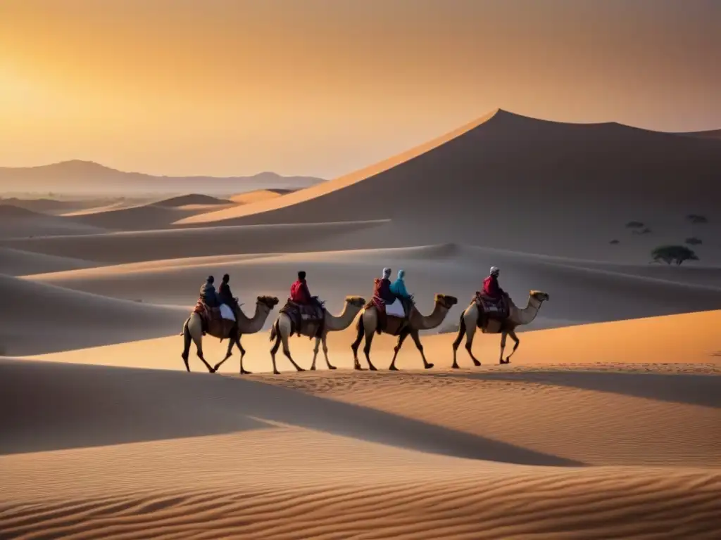 Una caravana de camellos solitaria avanza por un vasto desierto dorado al atardecer, destacando la sostenibilidad en caminatas desiertos