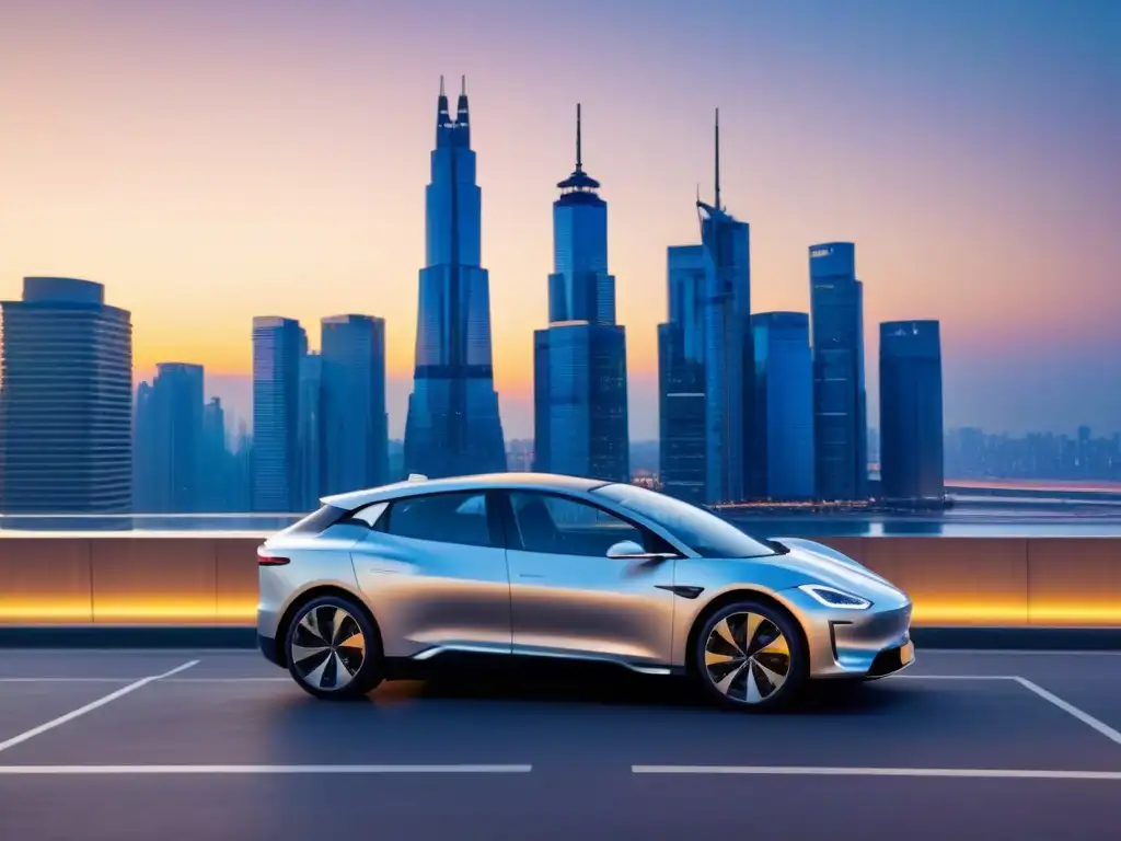 Carga coches eléctricos de alta gama en estación moderna con skyline futurista al atardecer