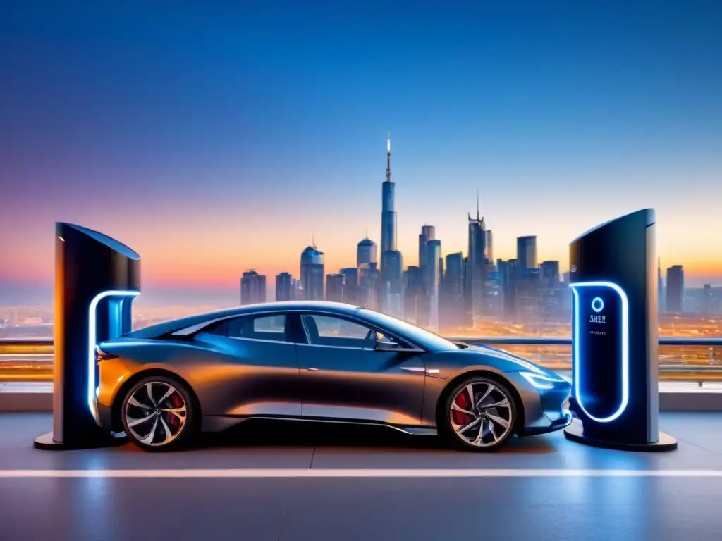 Estación de carga para coches eléctricos de alta gama en una ciudad futurista al atardecer