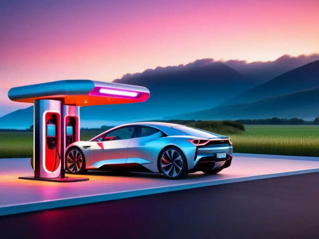 Estación de carga rápida para coches eléctricos de alta gama en atardecer vibrante