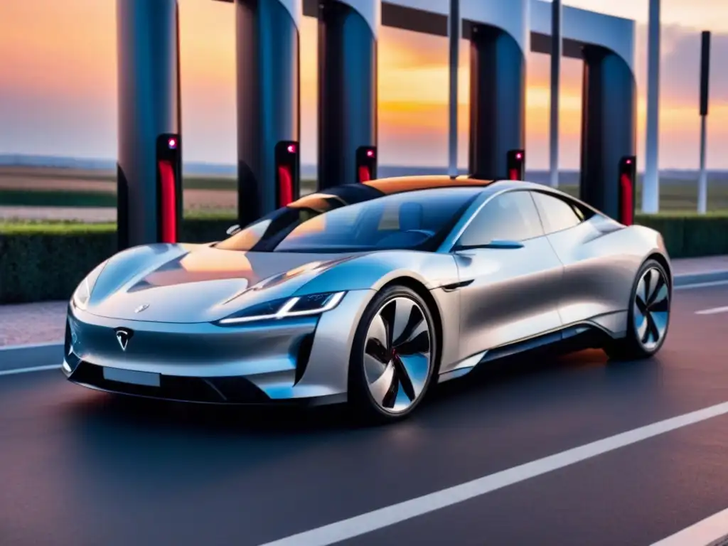 Carga rápida coches eléctricos alta gama: Un coche eléctrico de lujo en estación de carga rápida al atardecer, reflejando tecnología y sofisticación