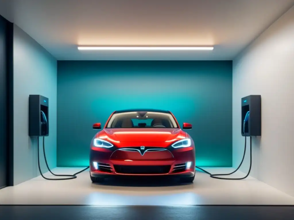 Cargador eléctrico elegante en garaje minimalista Estación de carga para vehículo eléctrico en garaje minimalista con iluminación suave