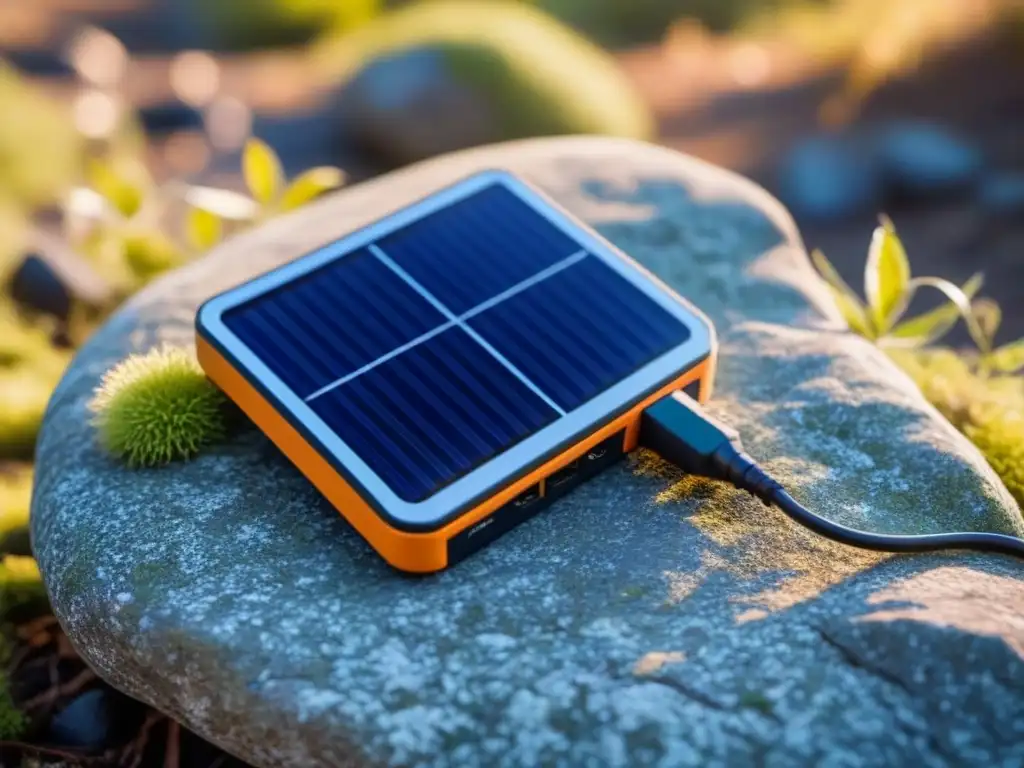 Un cargador solar compacto sobre una roca cubierta de musgo en un bosque sereno