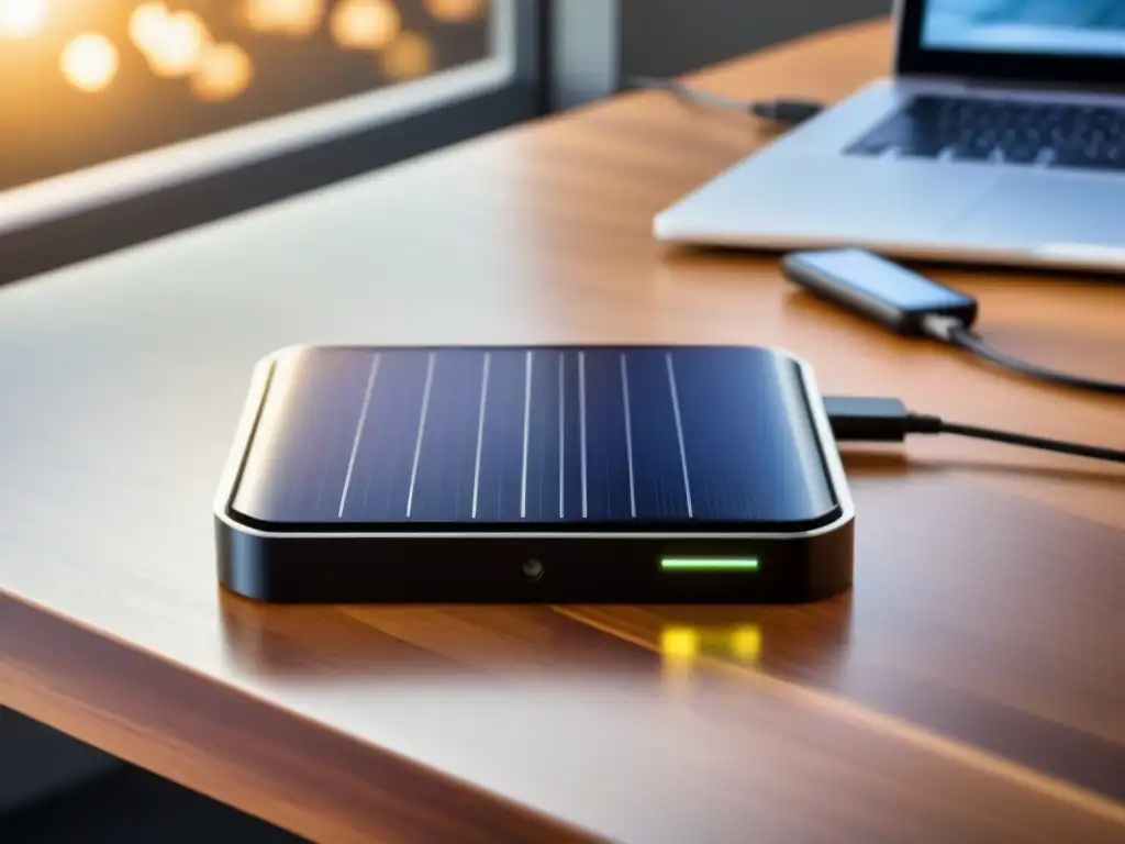 Un cargador solar futurista en un espacio de trabajo ecoamigable