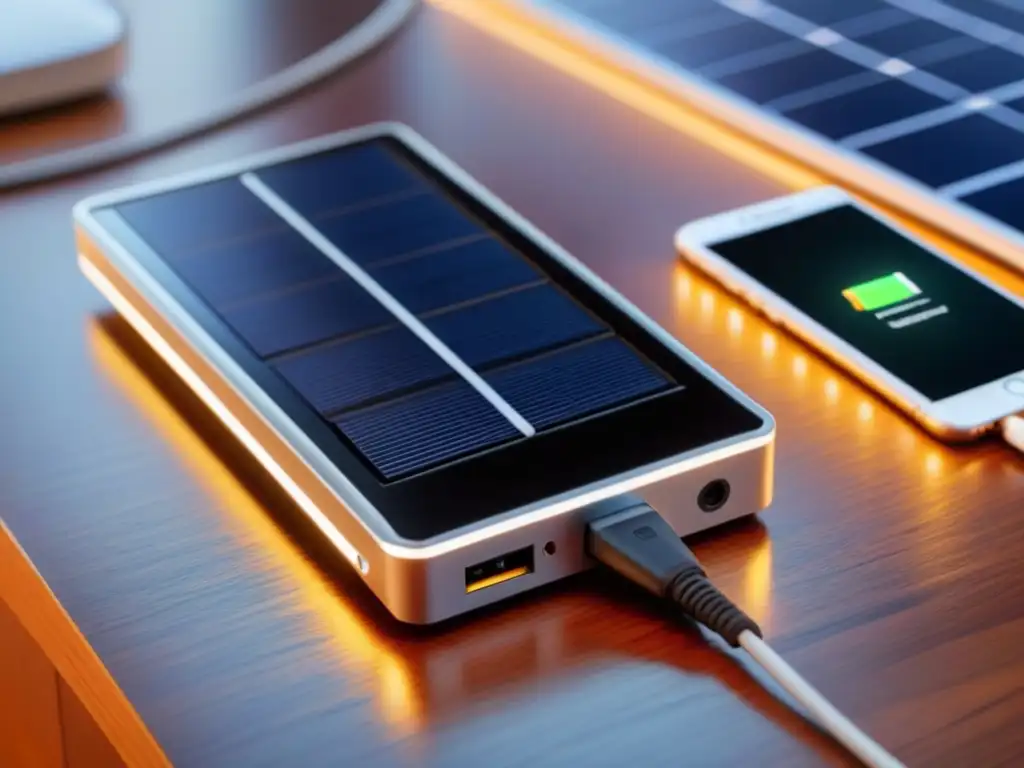 Un cargador solar moderno y elegante en una habitación iluminada, mostrando los beneficios de los cargadores solares