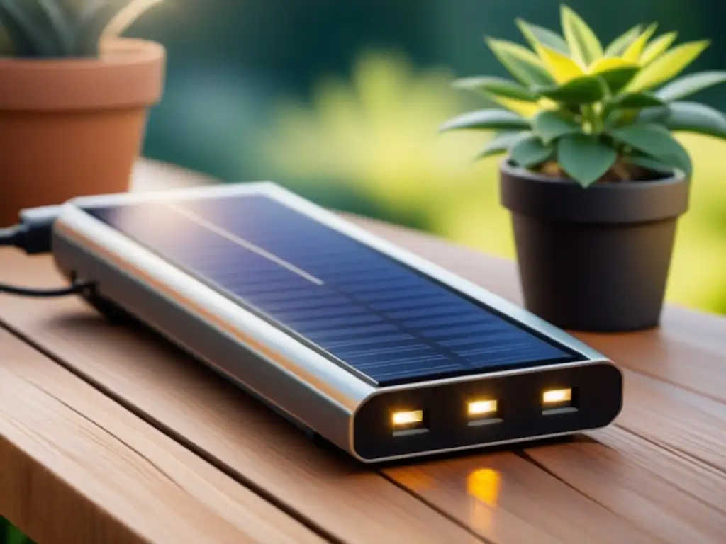 Un cargador solar moderno iluminado por la luz natural en un escritorio de madera, destacando los beneficios de los cargadores solares