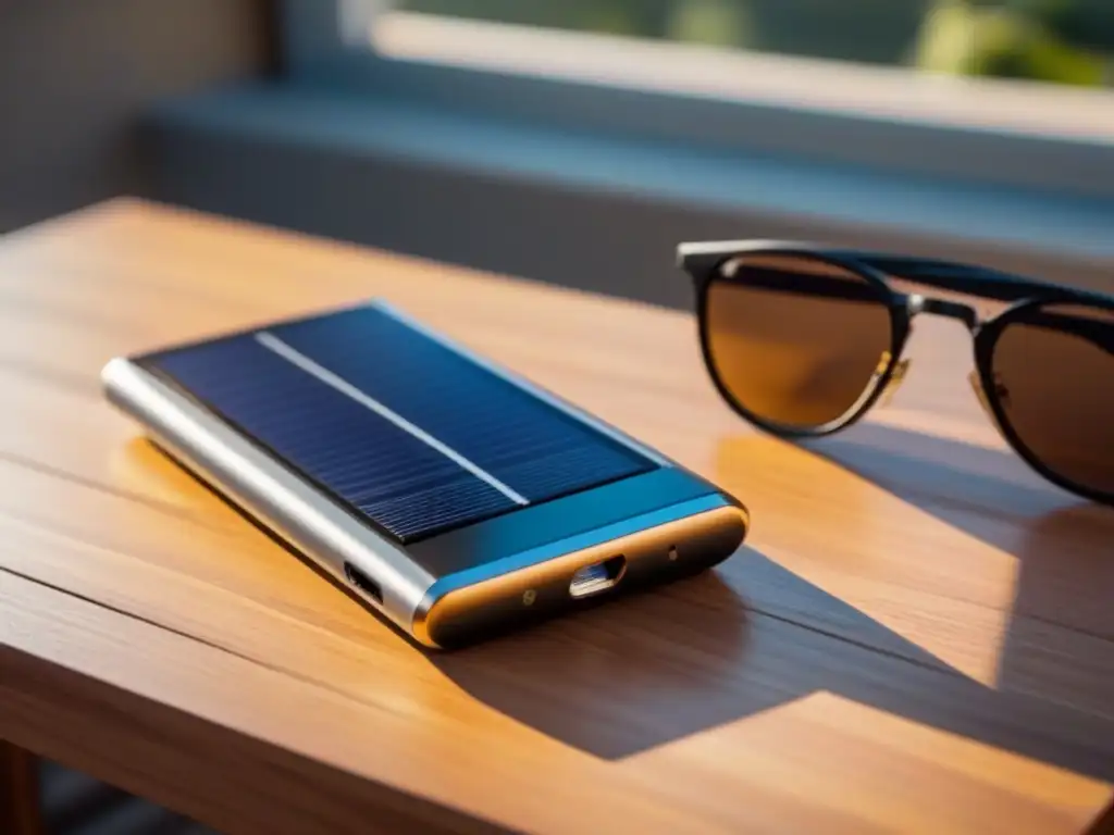 Un cargador solar portátil sostenible en una escena iluminada por el sol, junto a un teléfono y gafas de sol en una mesa de madera