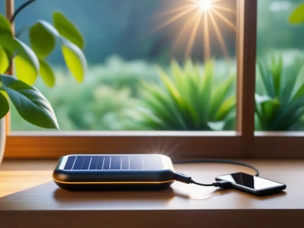 Un cargador solar portátil sostenible iluminado por la luz del sol en una mesa de madera junto a una ventana, conectando con la naturaleza