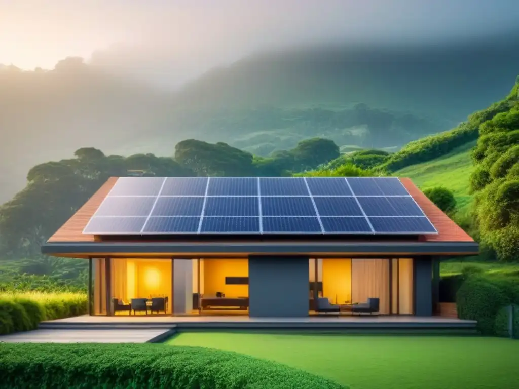 Una casa ecoamigable con paneles solares integrados sutilmente en el techo, rodeada de naturaleza y símbolos de energía limpia