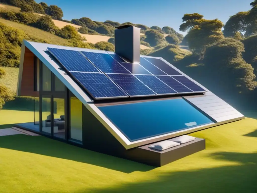 Una casa moderna y ecológica con paneles solares integrados en el techo, rodeada de exuberante vegetación bajo un cielo azul brillante