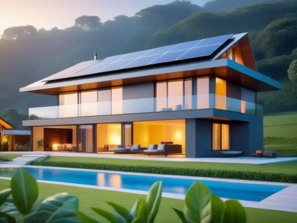 Una casa moderna con paneles solares integrados, rodeada de naturaleza