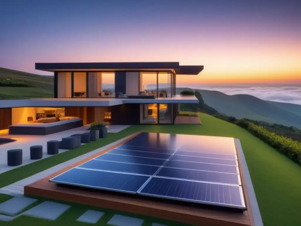 Casa moderna con paneles solares sostenibles brillando bajo un atardecer vibrante