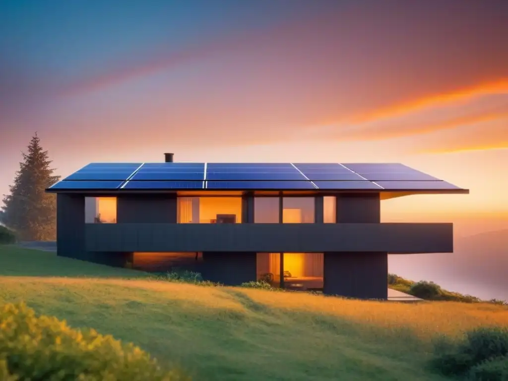 Casa moderna con paneles solares integrados en tejado, iluminada por una puesta de sol vibrante