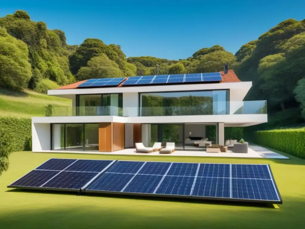 Una casa moderna con paneles solares en el techo, rodeada de árboles verdes bajo un cielo azul claro