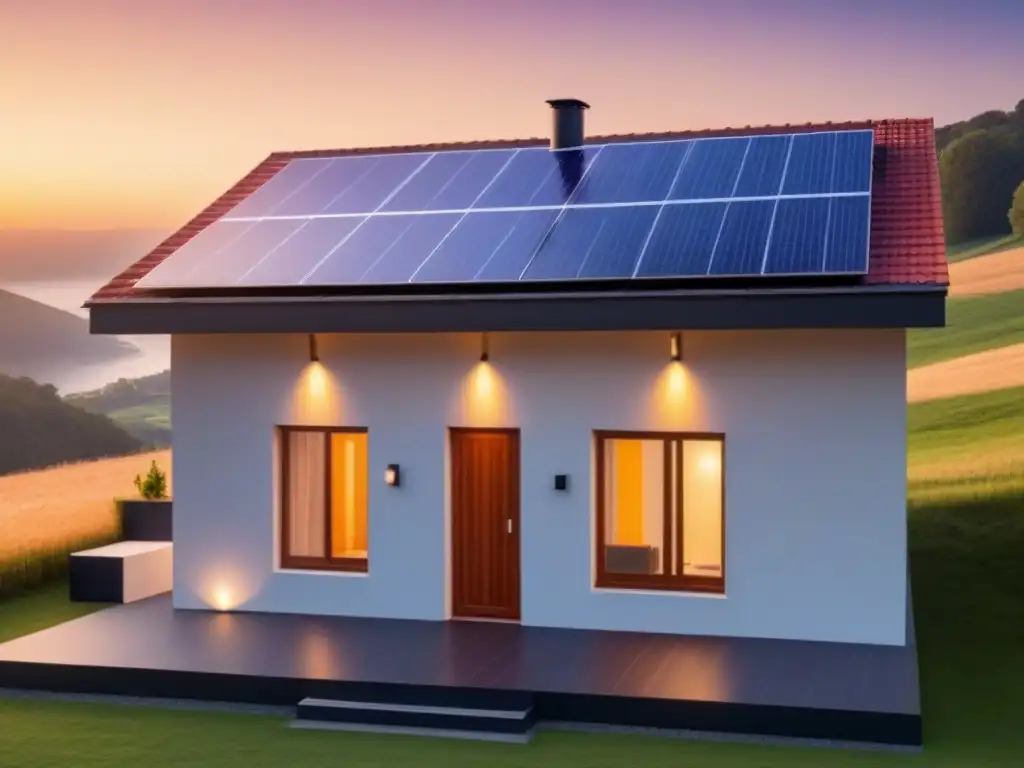 Casa moderna con paneles solares, baterías integradas y sol radiante, simbolizando la integración de baterías en sistema solar doméstico