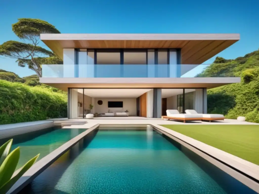 Casa moderna sostenible rodeada de naturaleza exuberante, con materiales naturales