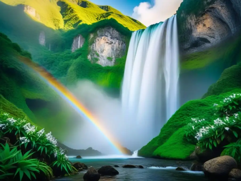 Cascada cristalina en la montaña con flora y fauna vibrante