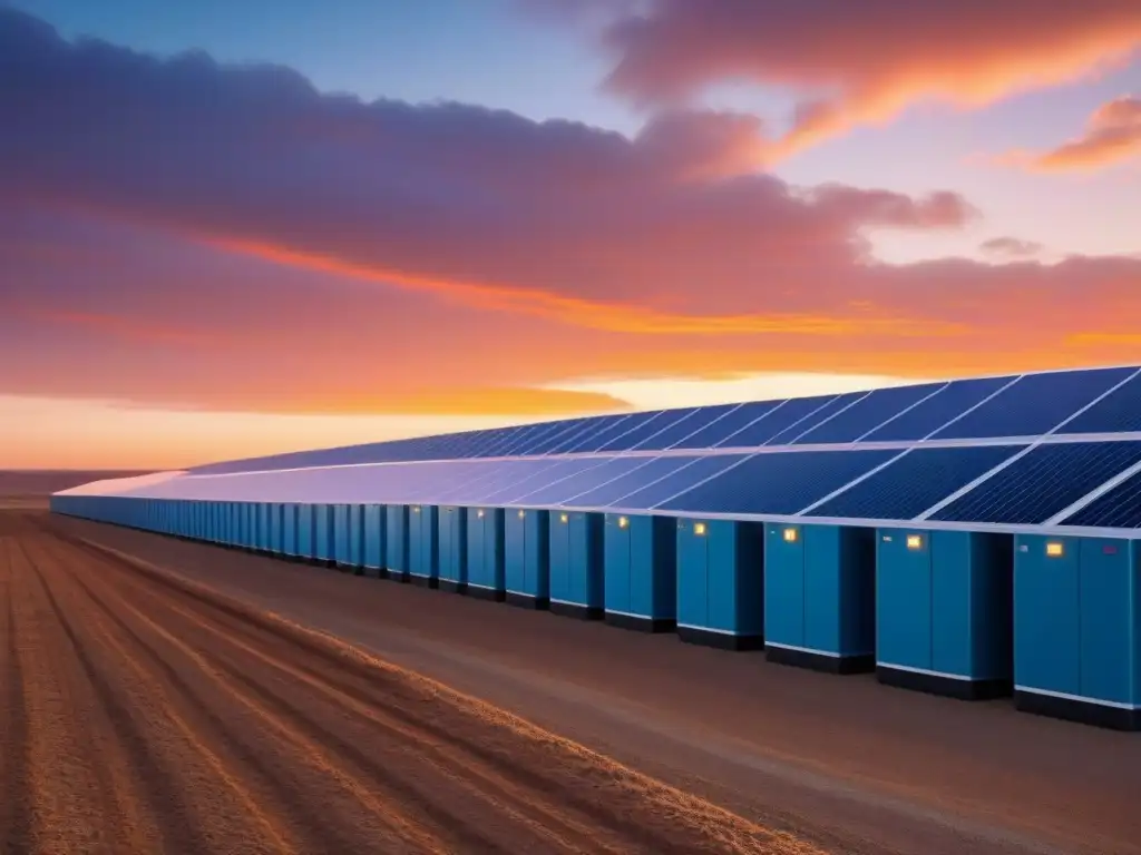 Un centro de almacenamiento de energía en atardecer, con baterías alineadas y un cielo colorido