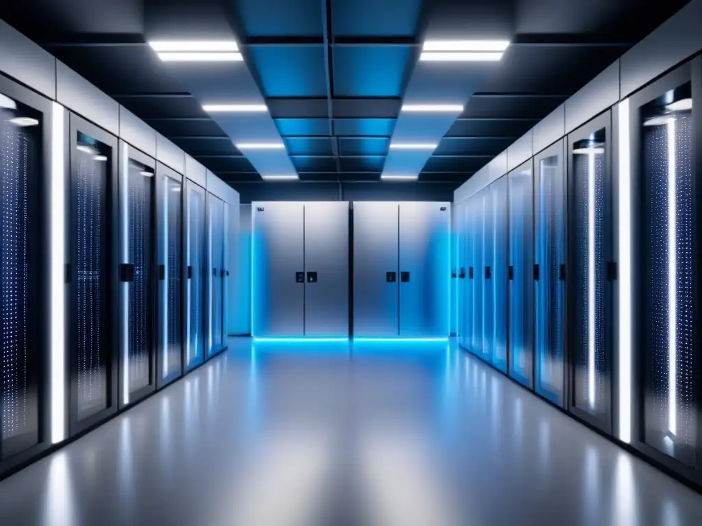 Instalación futurista de almacenamiento de energía: innovación sostenible Un centro de almacenamiento de energía sostenible futurista y minimalista con estructuras metálicas elegantes y paredes transparentes que revelan unidades de almacenamiento de energía avanzadas, con una suave luz ambiental emanando del centro, simbolizando innovación y eficiencia energética sostenible