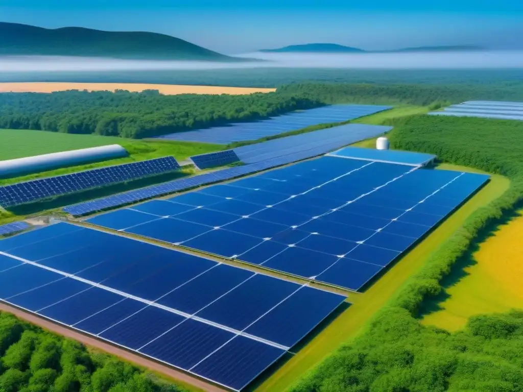 Instalación de energía renovable futurista en paisaje verde Un centro de almacenamiento de energía sostenible futurista integrado en un paisaje verde, con tecnologías renovables avanzadas