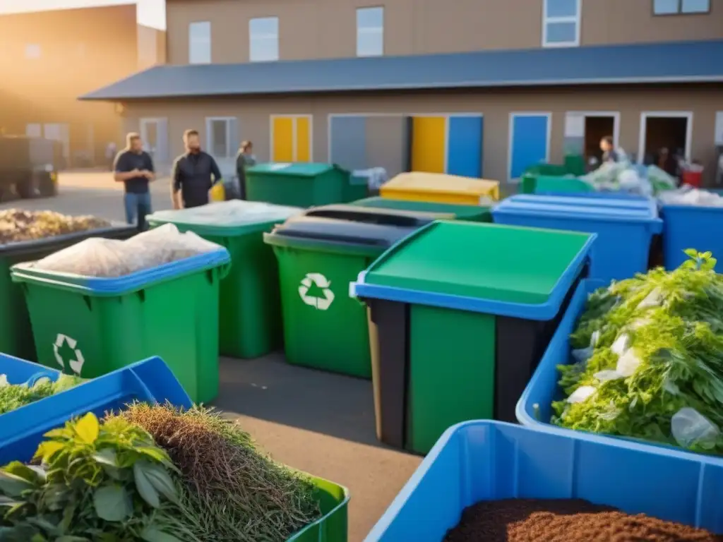 Un centro comunitario de reciclaje bullicioso, con personas de distintas edades y orígenes ordenando materiales reciclables con determinación