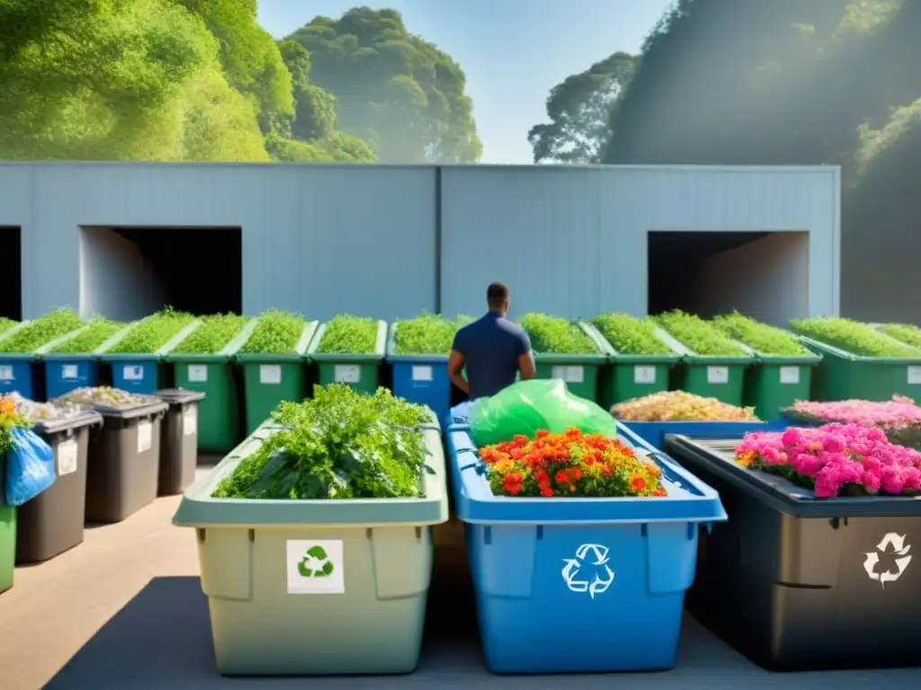 Un centro comunitario de reciclaje con personas de diversos orígenes separando materiales bajo el sol, rodeado de naturaleza