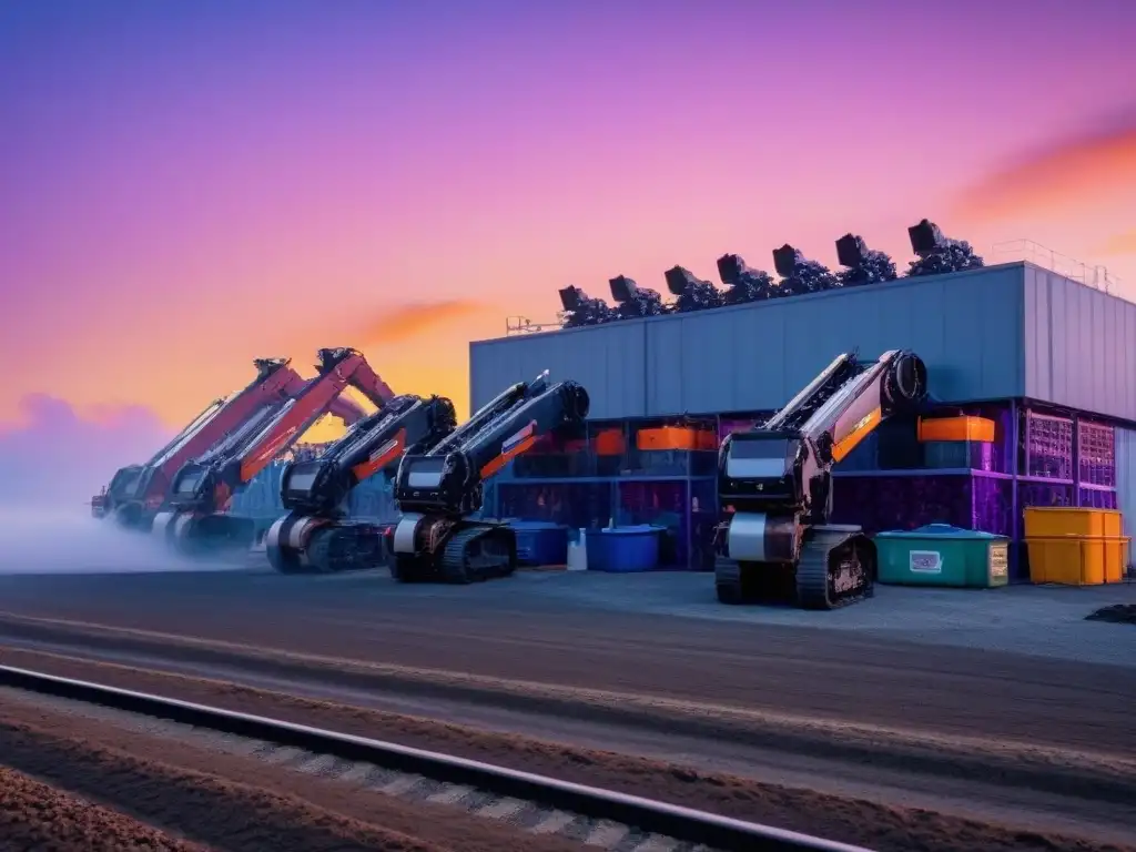 Un centro de reciclaje de alta tecnología al atardecer, con brazos robóticos ordenando materiales reciclables